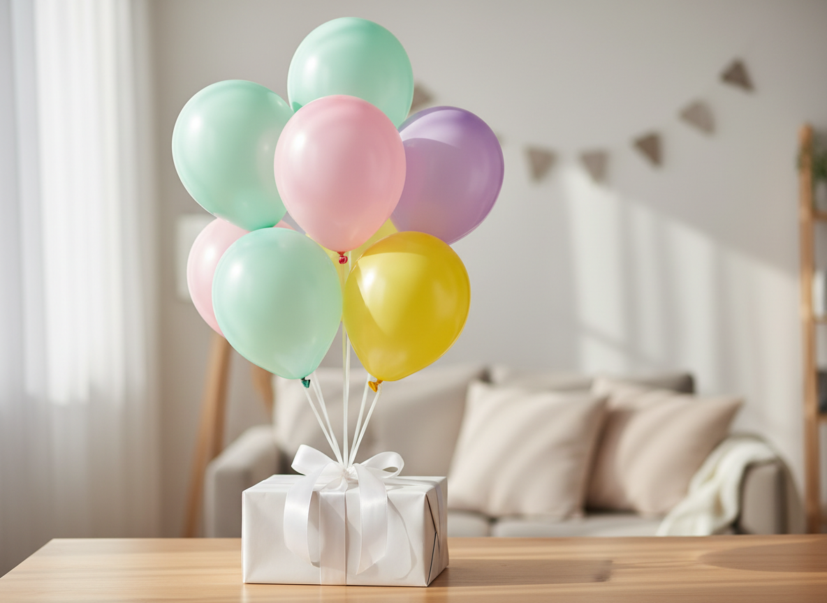 A playful arrangement of colorful helium balloons in pastel pink, mint, lavender, and sunshine yellow, each with a satin finish that gently catches the light, gathered into a neat bouquet. The balloons float above a simple white gift box wrapped with a wide, glossy ribbon on a smooth, light-wood table. In the softly blurred background, a minimalist living room with neutral tones and subtle decorative garlands. Soft daylight from an unseen window creates gentle reflections on the balloons and delicate shadows on the table. Photographic realism, shot at eye level with a shallow depth of field, vibrant yet clean and modern, conveying joy, creativity, and stylish celebration decor with a light, airy mood.