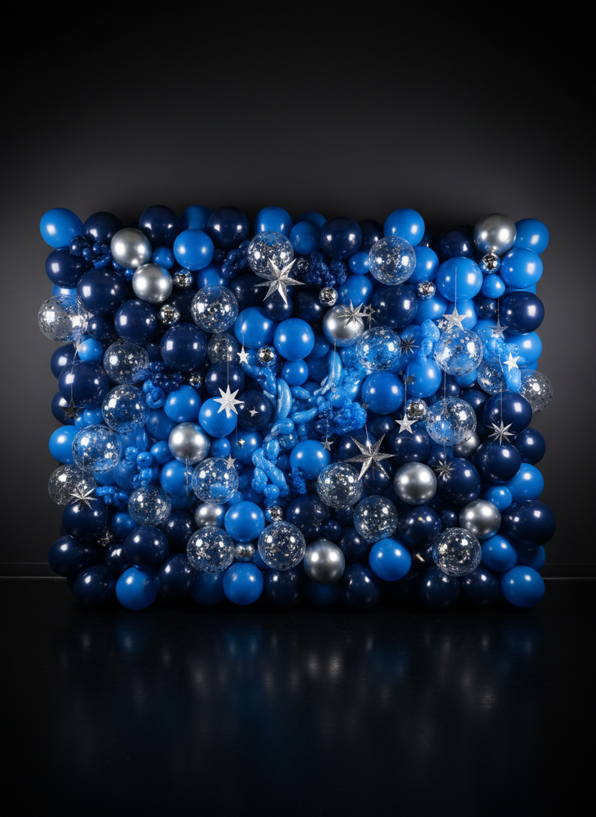 An imaginative balloon photo backdrop designed for a themed celebration, featuring a dense wall of balloons in deep navy, electric blue, silver, and clear balloons filled with tiny star-shaped confetti, forming a galaxy-inspired pattern. Among the balloons are small, reflective silver orbs and hanging metallic paper stars. The backdrop stands in front of a dark charcoal wall and sits on a glossy black floor that reflects the colors. Controlled studio lighting from above and the sides creates dramatic highlights, subtle glare on metallic elements, and softly fading shadows. Photographic realism, shot straight-on with sharp focus and slight vignetting around the edges, evoking a bold, dynamic, and magical atmosphere perfect for imaginative, themed decor.