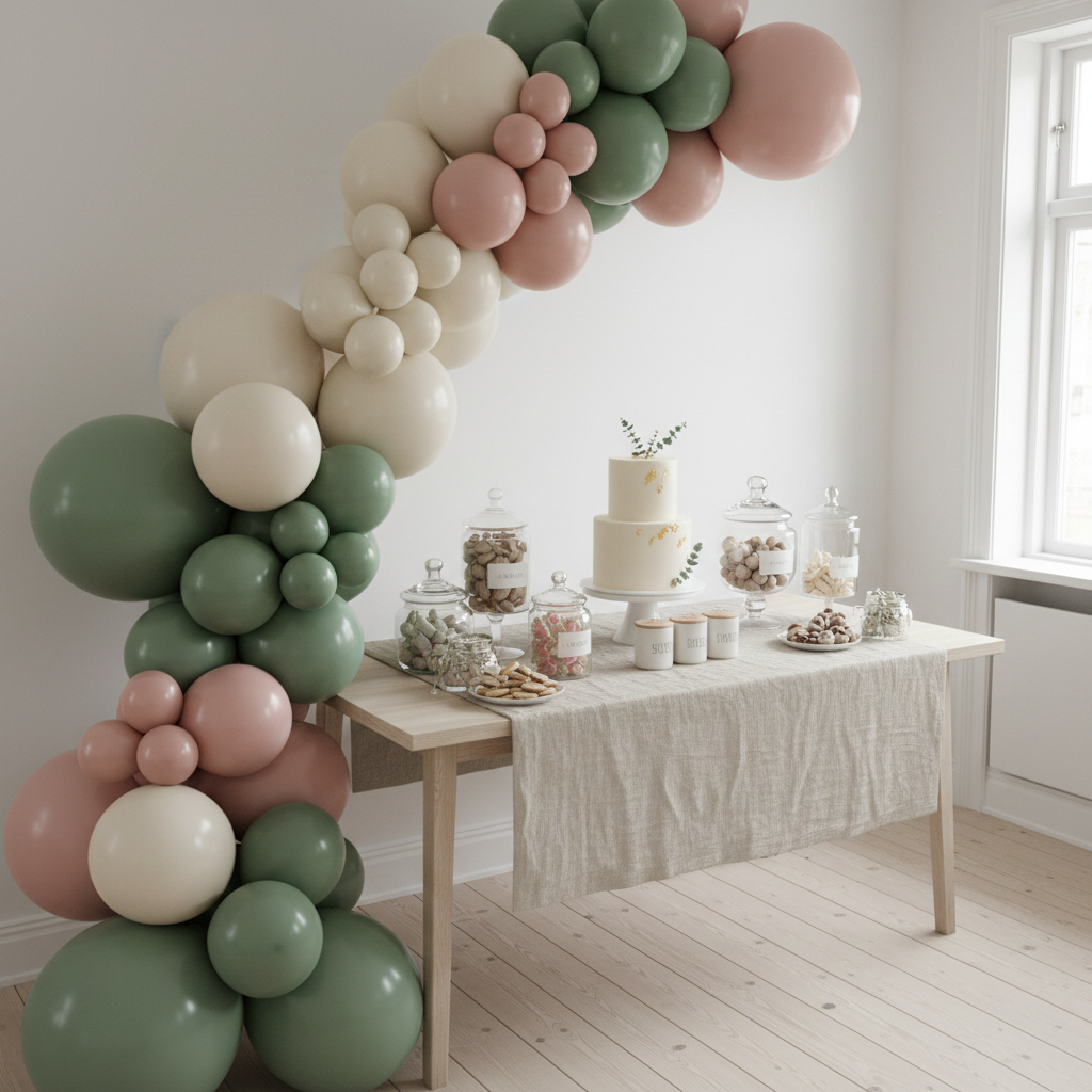 A stylish dessert table designed for a modern baby shower, featuring a cascading balloon installation in muted sage, ivory, and dusty rose that drapes diagonally across the wall and down one side of the table. The table itself holds neatly arranged glass jars of sweets, a small tiered cake, and minimalistic labeled containers, all on a natural linen runner. The setting is a bright, Scandinavian-inspired room with white walls and light wooden flooring. Soft, diffused daylight from a large window creates a calm, gentle ambiance with delicate shadows between balloons and decor objects. Photographic realism, captured from a slightly elevated, three-quarter angle with balanced composition, conveying cozy elegance and thoughtful, creative decoration ideas.