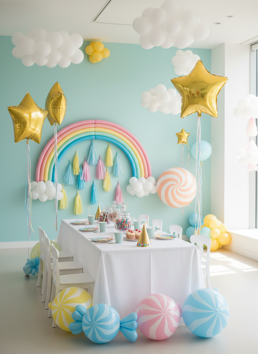 A whimsical table setup for a children’s celebration, centered on a long white table covered with a crisp cloth, surrounded by imaginative balloon decorations shaped like oversized candies, stars, and clouds in pastel blues, yellows, and pinks. The backdrop is a light turquoise wall adorned with a balloon rainbow arch and hanging paper tassels. Daylight streams in from the right, creating bright, cheerful highlights and gentle shadows beneath the balloon sculptures. Photographic realism, wide-angle shot at eye level to capture the full playful scene, with a slight bokeh effect on the far background. The mood is fun, light-hearted, and energetic, emphasizing inventive, joyful decorations with a clean, modern aesthetic.