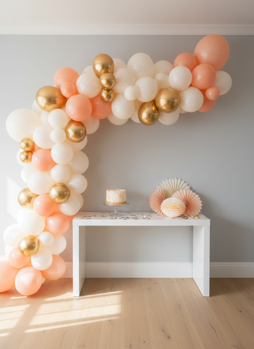 An elegantly decorated party corner featuring a large organic balloon garland in shades of peach, cream, and metallic gold, with varying balloon sizes for a dynamic, bubbly texture. The garland arches over a simple white console table styled with neatly arranged paper decorations, a small cake on a stand, and geometric confetti. The setting is a bright, modern interior with a pale gray wall and light oak flooring. Soft, diffused natural light from the side creates a warm, inviting glow and subtle shadows between the balloons. Photographic realism, captured from a slightly elevated angle with balanced composition and sharp focus, creating a cheerful yet sophisticated atmosphere that showcases imaginative, stylish decoration ideas.