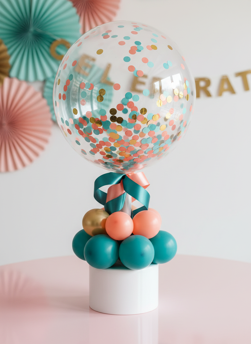 A close-up, detailed view of a creative balloon centerpiece: a transparent, oversized balloon filled with tiny colorful confetti circles in teal, coral, and gold, tied with a twisted satin ribbon to a sleek white ceramic base. Around it, smaller matte balloons in coordinating colors form a compact cluster on a smooth, pale pink tabletop. In the background, gently out of focus, are decorative paper fans and a minimalist banner spelling out a celebration message. Bright but soft studio lighting highlights the confetti inside the balloon and creates subtle reflections on its surface. Photographic realism, shot from a three-quarter angle with shallow depth of field, evoking a playful, imaginative, and modern party decor concept.