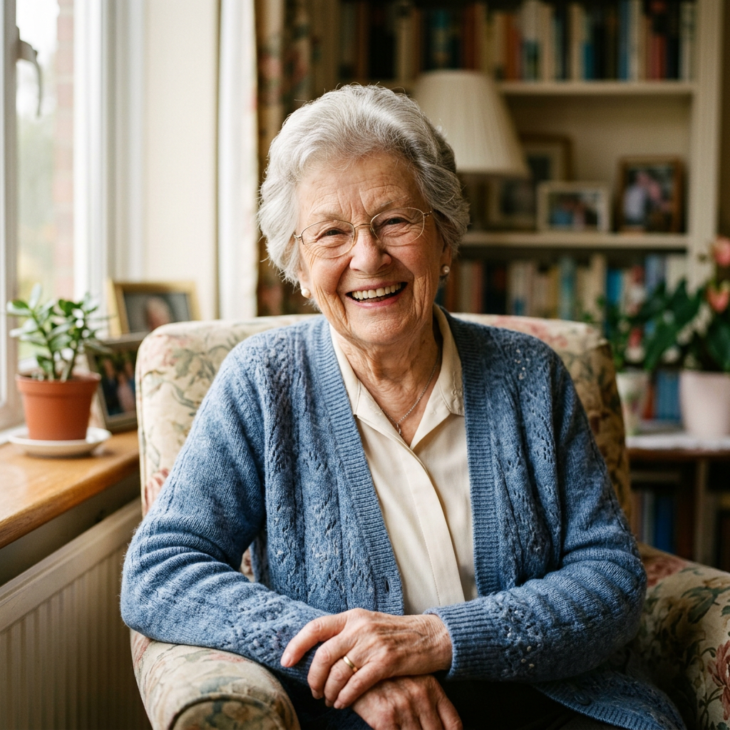 Elderly woman wearing glasses and blue cardigan smiling while seated in armchair